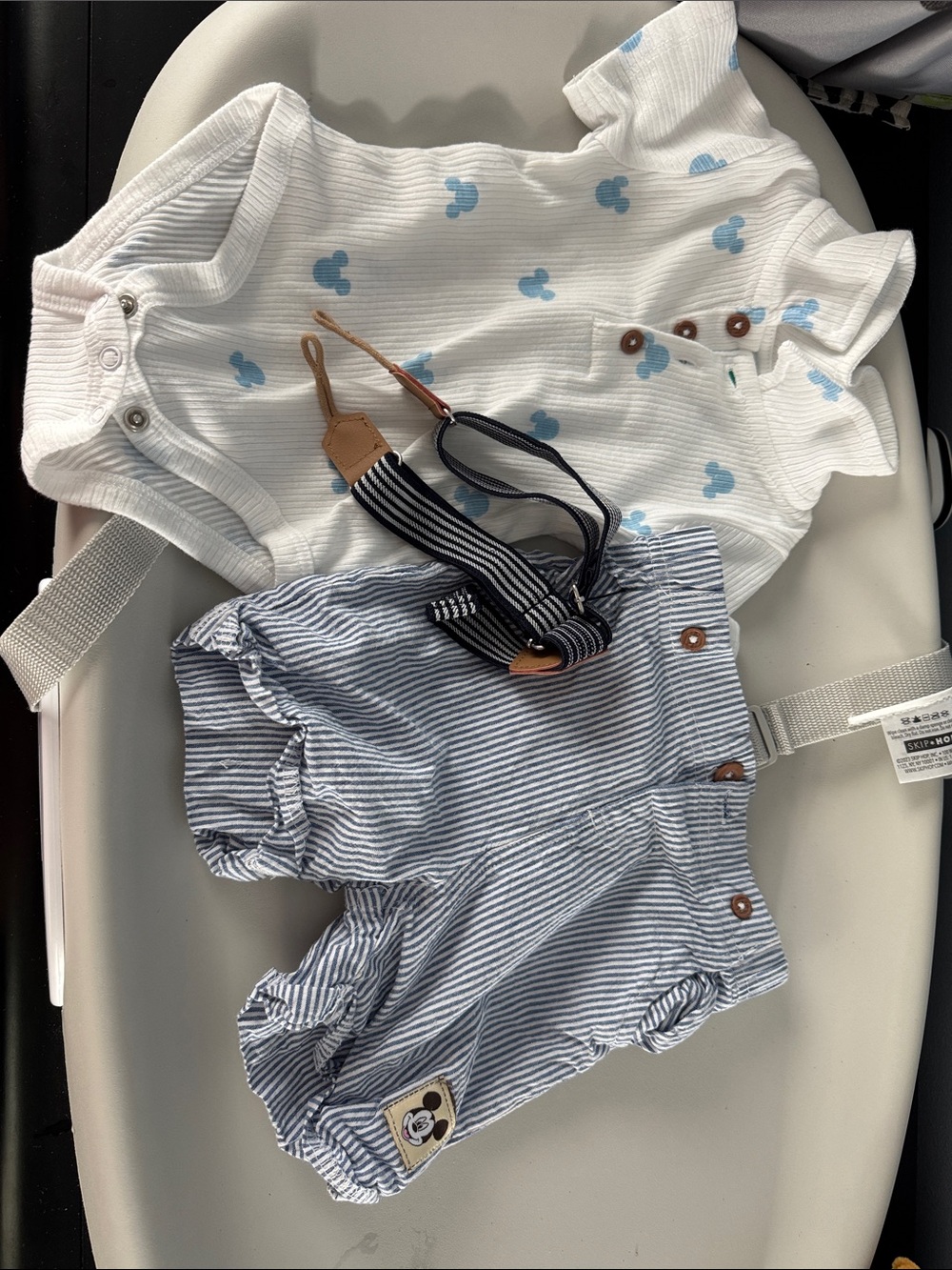 Baby Disney Blue Stripe Shorts and White Mickey Bodysuit Set with suspenders